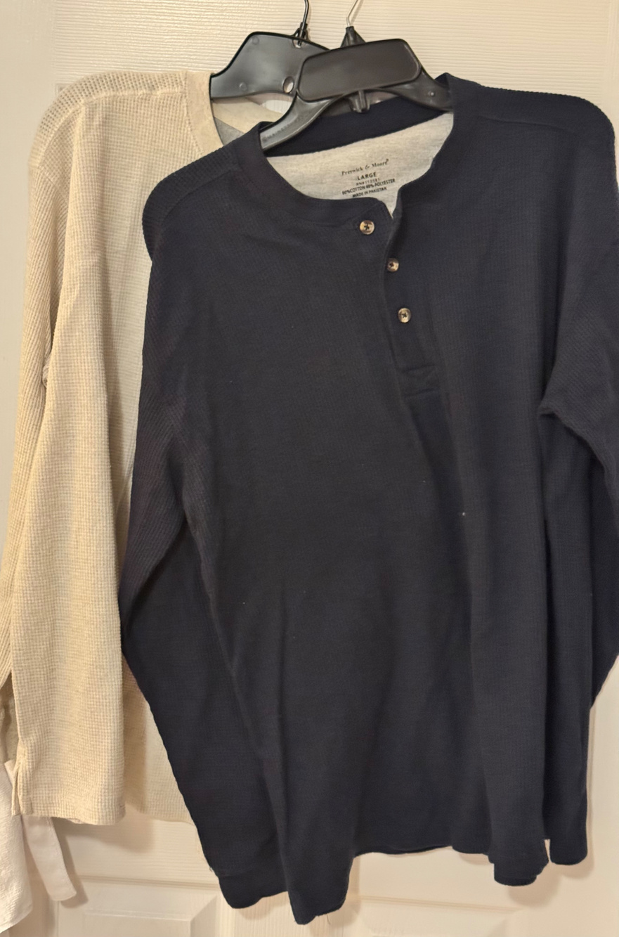 2 Preswick & Moore Waffle Knit pme Henley one crew neck Long Sleeve Shirt Large